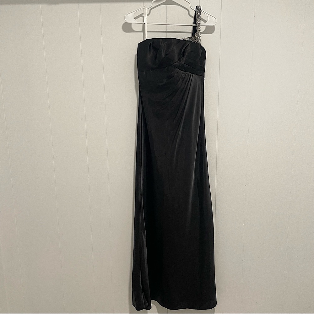 Bari Jay One Shoulder Beaded Black Bridesmaid Long Charmeuse Gown - style 235